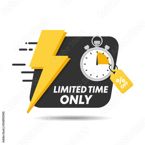 Flat vector icon menampilkan petir dan stopwatch dengan teks “Limited Time Only” dan tag diskon, simbol urgensi dan kecepatan untuk penjualan ecommerce.