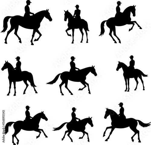 set of horses silhouettes, horse, silhouette, vector, animal, illustration, black, rider, animals, sport, isolated, running, stallion, jockey, equestrian, wild, riding, gallop, set, race, horses, farm