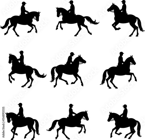set of horses silhouettes, horse, silhouette, vector, animal, illustration, black, rider, animals, sport, isolated, running, stallion, jockey, equestrian, wild, riding, gallop, set, race, horses, farm