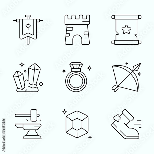 RPG icon pack Outline Style featuring banners, castle walls, magic scrolls, crystals, rings, archery items, crafting tools, and gems for fantasy game interfaces