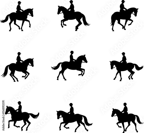 set of horses silhouettes, horse, silhouette, vector, animal, illustration, black, rider, animals, sport, isolated, running, stallion, jockey, equestrian, wild, riding, gallop, set, race, horses, farm