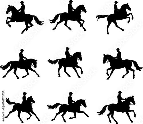 set of horses silhouettes, horse, silhouette, vector, animal, illustration, black, rider, animals, sport, isolated, running, stallion, jockey, equestrian, wild, riding, gallop, set, race, horses, farm
