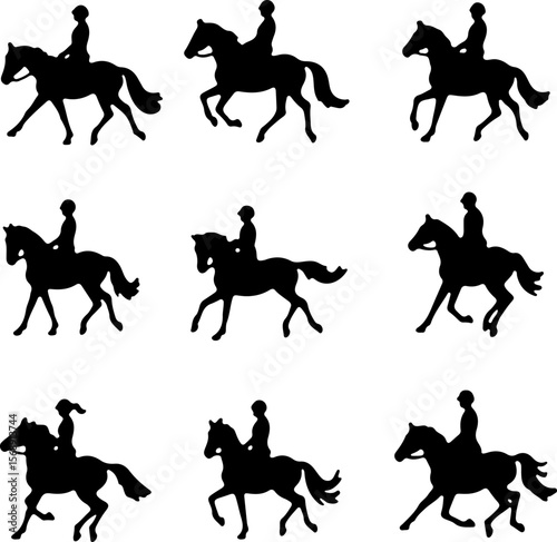 set of horses silhouettes, horse, silhouette, vector, animal, illustration, black, rider, animals, sport, isolated, running, stallion, jockey, equestrian, wild, riding, gallop, set, race, horses, farm