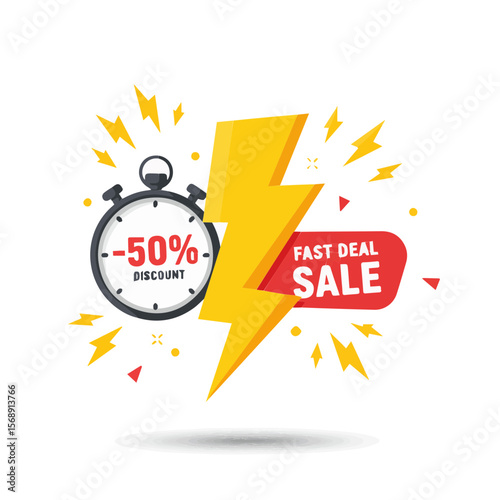 Clean icon with stopwatch and lightning bolt beside red “-50%” label. Represents urgency in ecommerce deals.