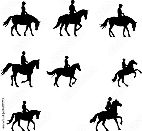 set of horses silhouettes, horse, silhouette, vector, animal, illustration, black, rider, animals, sport, isolated, running, stallion, jockey, equestrian, wild, riding, gallop, set, race, horses, farm