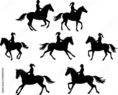 set of horses silhouettes, horse, silhouette, vector, animal, illustration, black, rider, animals, sport, isolated, running, stallion, jockey, equestrian, wild, riding, gallop, set, race, horses, farm