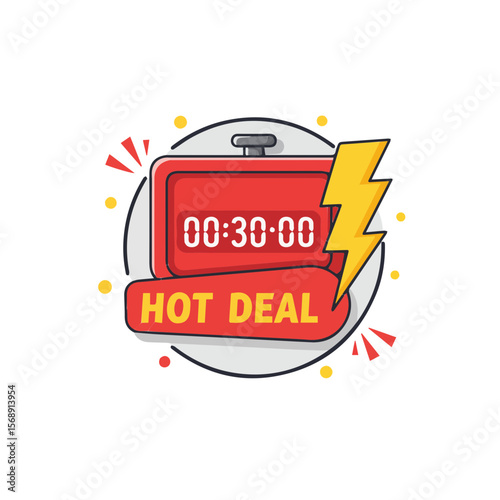 Digital-style red icon featuring countdown timer “00:30:00” and yellow lightning bolt. A striking design for urgent ecommerce sales.