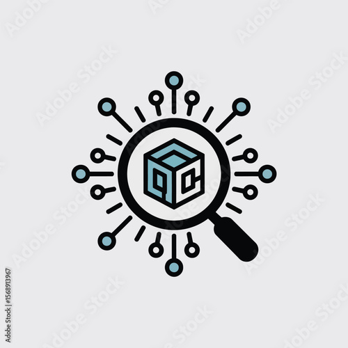 A minimalist vector icon depicting a magnifying glass with a light blue cube containing the letters Q C inside it the cube is centrally located within the magnifying glass which is