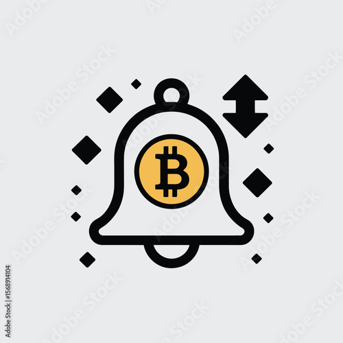 A minimalistic vector icon depicting a black bell with a gold Bitcoin symbol inside a circular emblem price fluctuation indicated by black upward and downward arrows small black diamond