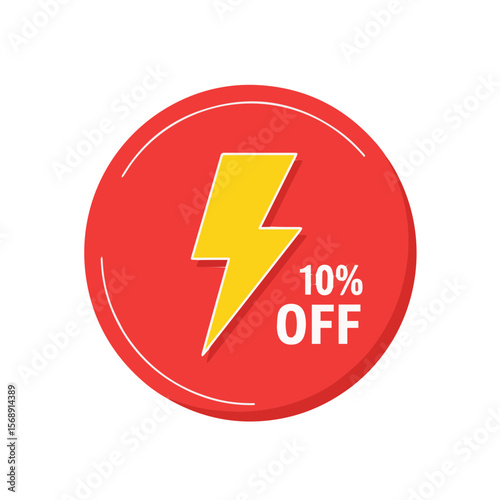 Bold "10% OFF" icon featuring a yellow lightning bolt on a solid red background. Designed for promotional sales and ecommerce marketing.