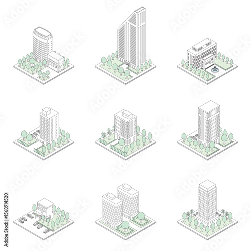 建物の立体的なイラスト. アイソメトリック画法. 線画.