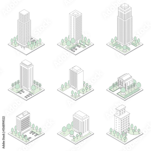 建物の立体的なイラスト. アイソメトリック画法. 線画.