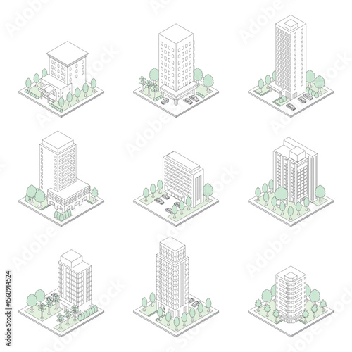 建物の立体的なイラスト. アイソメトリック画法. 線画.