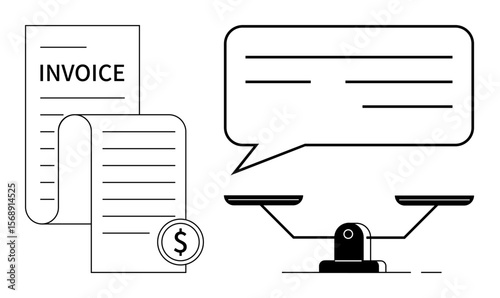 Invoice documents with dollar sign, speech bubble, and scales conveying balance, negotiation, or fairness. Ideal for finance, accounting, law, business communication decision-making justice