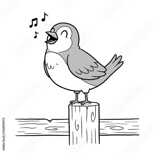A cheerful cartoon bird sings atop a wooden post, with musical notes around its beak, illustrated in clean black-and-white line art