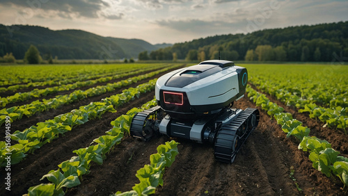 Futuristic AI Robot Harvesting Crops in Farm