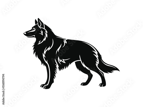 Belgian Tervuren dog silhouette vector illustration, pet clipart, black and white animal shape