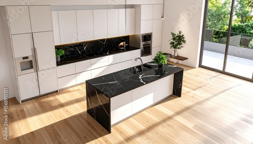 Sunlit Modern Kitchen with Black Marble Island and Oak Floors