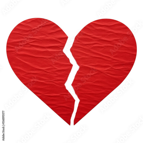 Red crumpled broken heart on white background