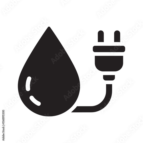 Water energy icon with drop and electric plug representing hydropower as a renewable and sustainable electricity source for green power generation vector solid glyph