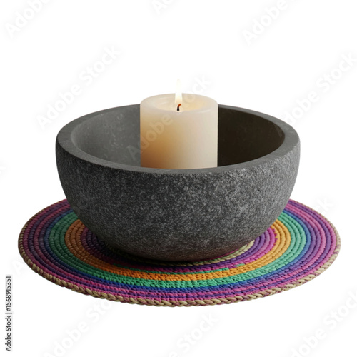 Candle in stone bowl on colorful woven mat