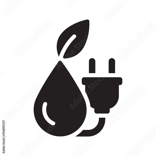 Hydropower energy icon with water drop leaf and electric plug representing clean renewable electricity source from natural sustainable water resource vector solid glyph