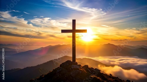 Wallpaper Mural Sunrise cross atop mountain peak, clouds below Torontodigital.ca