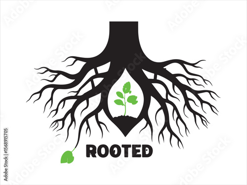 Black tree roots embracing a small green seedling with the word rooted
