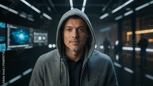 Tech executive in hoodie presenting AI innovation