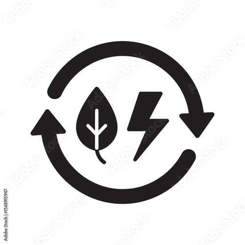 Green energy cycle icon with circular arrow leaf and lightning bolt representing renewable electricity and sustainable power regeneration process vector solid glyph