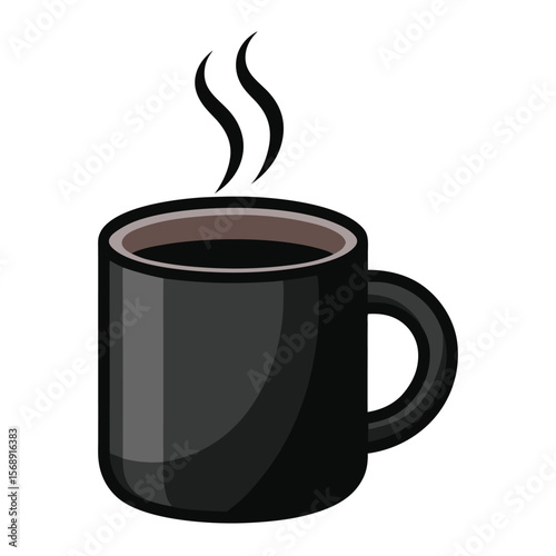A classic black coffee mug with steam rising, a symbol of a hot beverage, a morning routine, and a cozy moment.