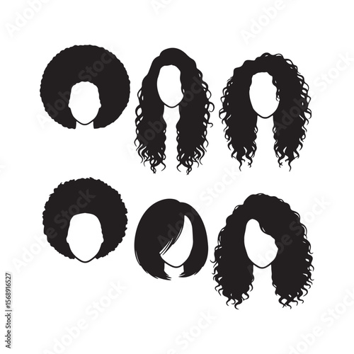 Six Black Silhouettes of Womens Hairstyles Afro Curly Bob Long Hair Styles Collection curly hair