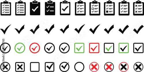 Illustration showcases a variety of check marks, crosses, and checklist icons, suitable for business, education, and project management contexts providing a visual representation.