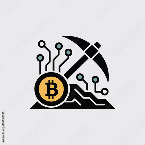 Bitcoin Mining Icon Minimalist Vector Illustration Black Pickaxe Yellow Gold Coin Circuit Board Technology Cryptocurrency Digital Currency Finance Blockchain Mining Process Abstract Graphic