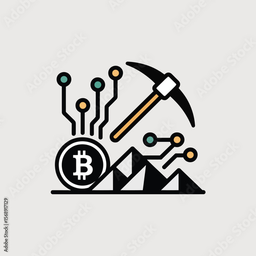 Bitcoin Mining Icon Minimalist Vector Illustration Cryptocurrency Pickaxe Digital Currency Blockchain Technology Circuit Board Lines Orange Teal Black White
