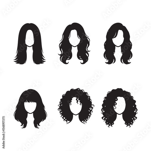 Six Black Silhouettes of Womens Hairstyles Straight Wavy Curly and Afro Styles Hair Icons Set