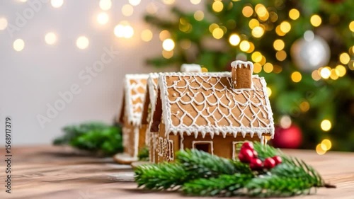Wallpaper Mural Three gingerbread houses in a row, decorated with white icing, sit on a wooden table.  A Christmas tree with lights is blurred in the background Torontodigital.ca