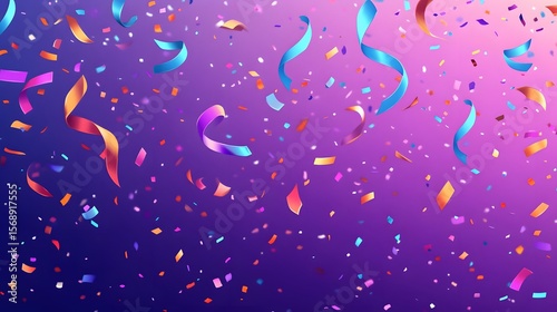 Celebration background template with confetti and variety colors ribbons. Many Falling Colorful Tiny Confetti And Ribbon Isolated On Background. 
