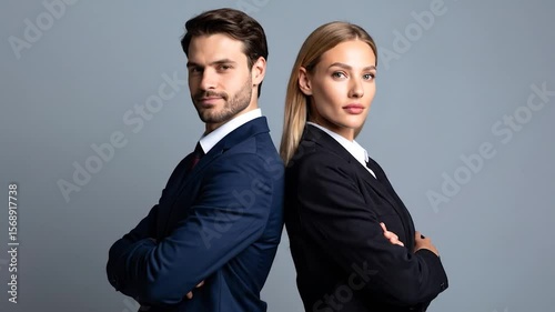 Wallpaper Mural Two business professionals, man and woman, in suits, standing back-to-back against a gray background, arms crossed Torontodigital.ca