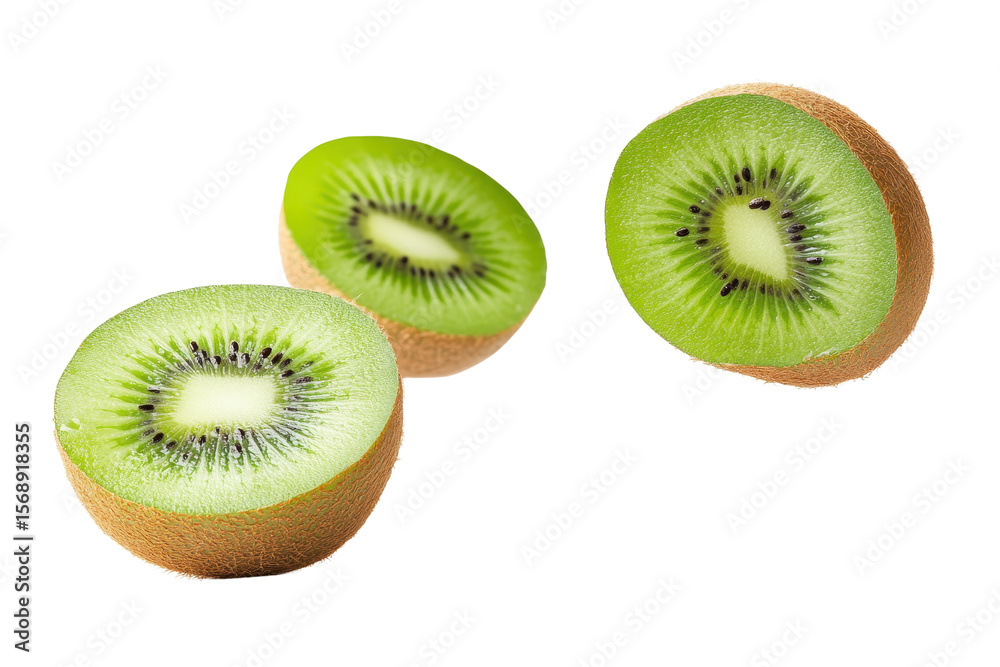 Fototapeta premium Isolated falling kiwi pieces on a white background showcasing fresh, vibrant green fruit with brown skin and tiny seeds