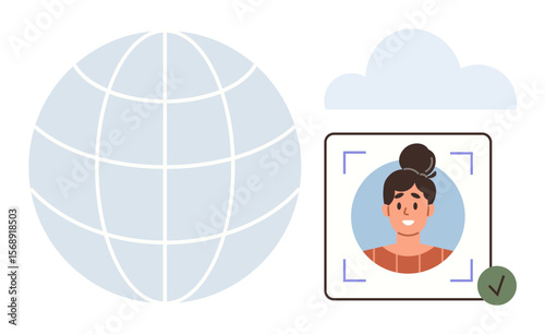 Globe symbolizing global reach, user profile picture scanning with verification checkmark, and cloud storage representing secure digital identity management. Ideal for privacy, security, ID