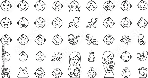 Outlined baby icon set shows various expressions and stages of a child's development, ideal for themes of motherhood, childhood, and infant care across parenting websites.