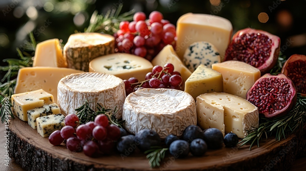 Assorted cheeses, grapes, figs, and berries on a wooden board Assorted cheeses, grapes, figs, and berries on a wooden board