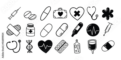 Comprehensive collection of 40 black and white medical and healthcare icons