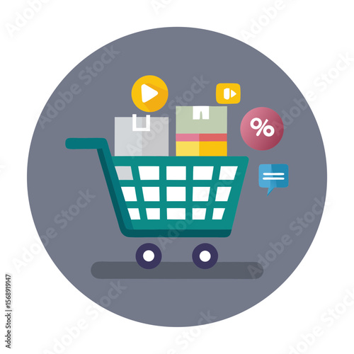 Online Shopping Cart Vector with Media Icons for E-commerce