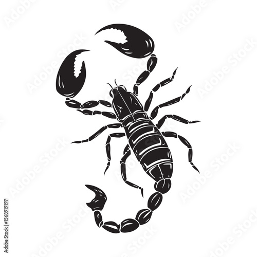 A minimalist silhouette vector of a scorpion, scorpion isolated on white background, Black and white scorpion silhouette, ideal for logos, branding, and wildlife themed digital art