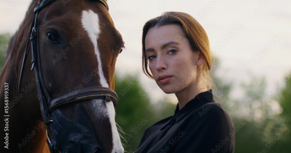 Fototapeta premium Portrait of a woman with a horse on a summer day. A woman lovingly strokes a horse's muzzle