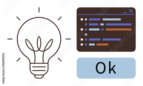 Light bulb symbolizing ideas and creativity, coding interface for technological progress, and Ok approval sign. Ideal for innovation, programming, approval process, creativity, problem-solving
