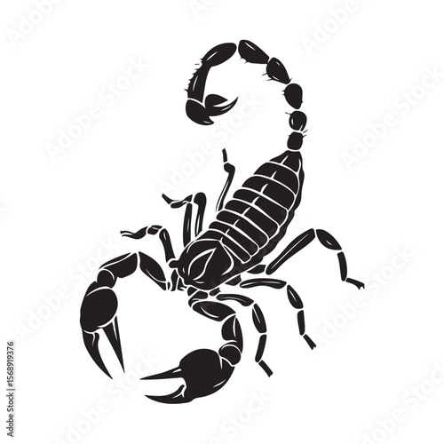 A minimalist silhouette vector of a scorpion, scorpion isolated on white background, Black and white scorpion silhouette, ideal for logos, branding, and wildlife themed digital art