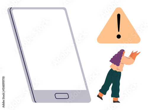 Large smartphone with triangular alert sign and a person gesturing to attention. Ideal for technology, safety, alerts, caution, notifications, mobile communication, user interaction themes. Clean